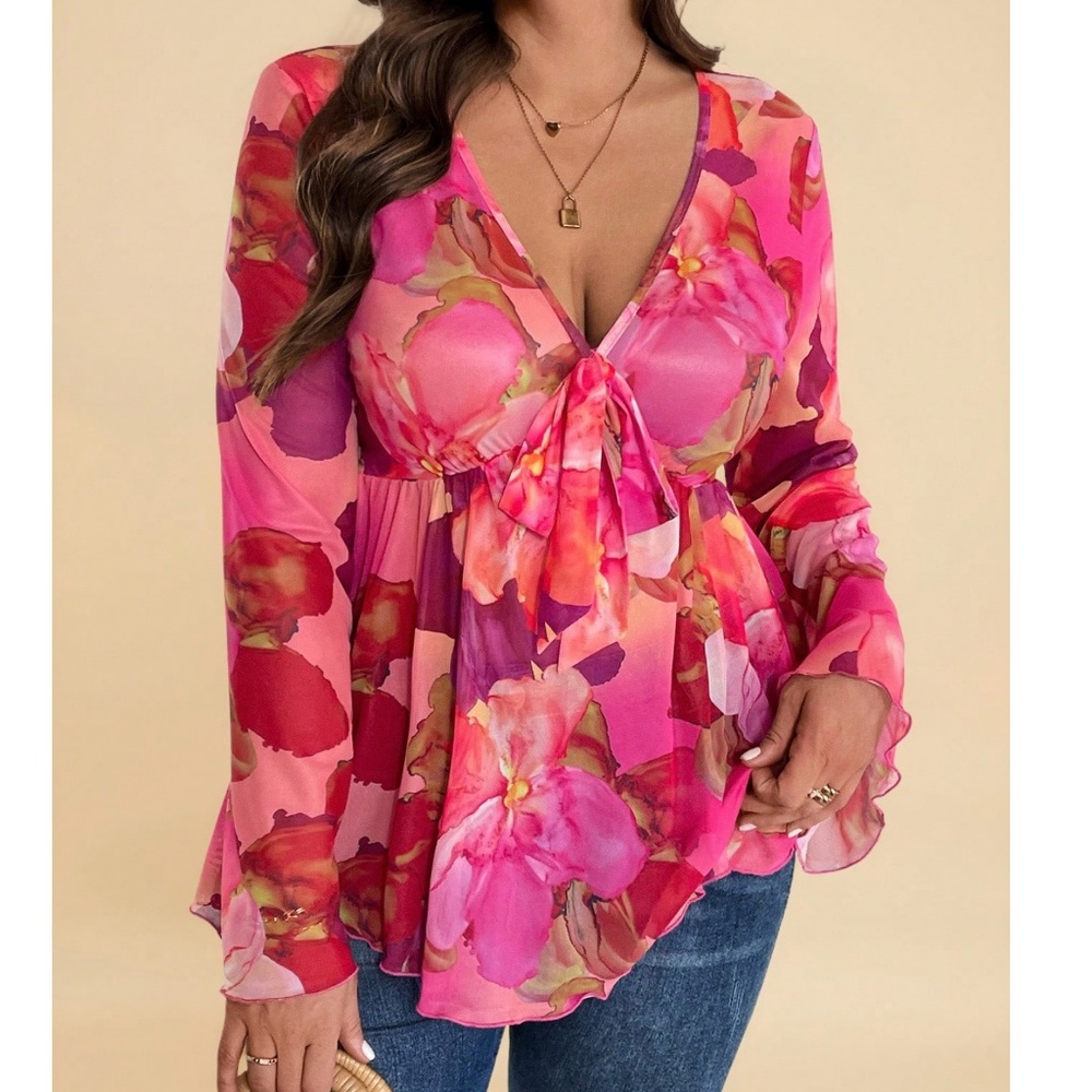 Plus Floral Print V neck Front Tie Flared Long sleeve Top - Picture 2 of 6